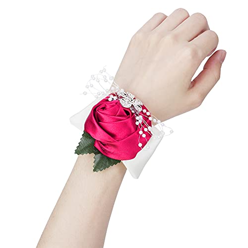 ZHDOKA 2Pcs Wrist Flower, Bridesmaid Wrist Corsage Wristlet Beautiful Wedding Hand Flower with Artificial Rose Flower, Bride Band Braceletfor Women Wedding Prom(Rose Red)