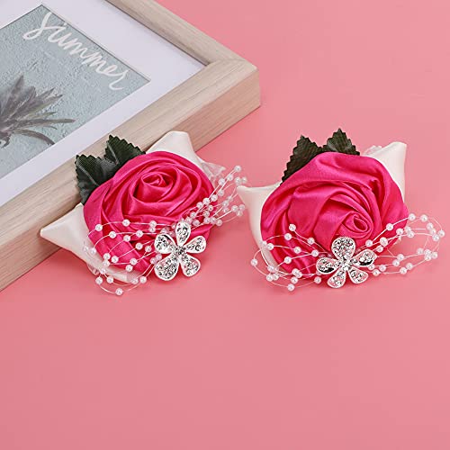 ZHDOKA 2Pcs Wrist Flower, Bridesmaid Wrist Corsage Wristlet Beautiful Wedding Hand Flower with Artificial Rose Flower, Bride Band Braceletfor Women Wedding Prom(Rose Red)