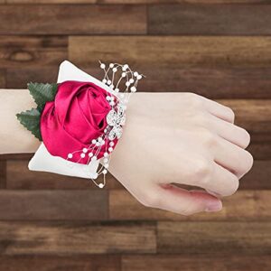 ZHDOKA 2Pcs Wrist Flower, Bridesmaid Wrist Corsage Wristlet Beautiful Wedding Hand Flower with Artificial Rose Flower, Bride Band Braceletfor Women Wedding Prom(Rose Red)
