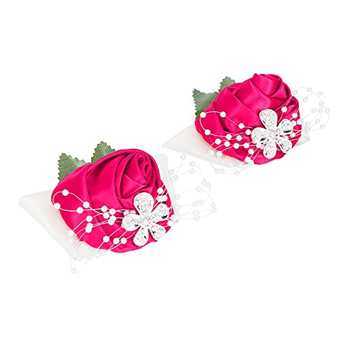 ZHDOKA 2Pcs Wrist Flower, Bridesmaid Wrist Corsage Wristlet Beautiful Wedding Hand Flower with Artificial Rose Flower, Bride Band Braceletfor Women Wedding Prom(Rose Red)