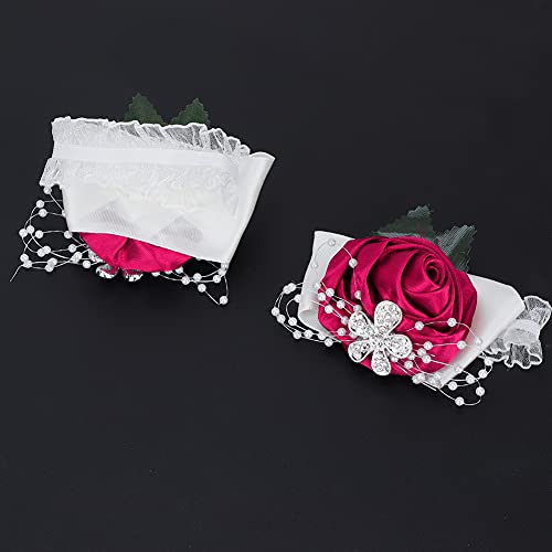 ZHDOKA 2Pcs Wrist Flower, Bridesmaid Wrist Corsage Wristlet Beautiful Wedding Hand Flower with Artificial Rose Flower, Bride Band Braceletfor Women Wedding Prom(Rose Red)
