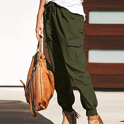 NEBZCIV Women's Cargo Pants Casual Outdoor Pant Cotton Hiking Trousers Drawstring Fishing Straight Summer Autumn Pants Army Green