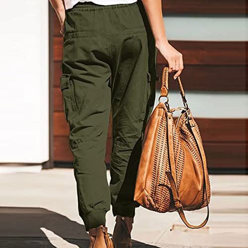 NEBZCIV Women's Cargo Pants Casual Outdoor Pant Cotton Hiking Trousers Drawstring Fishing Straight Summer Autumn Pants Army Green