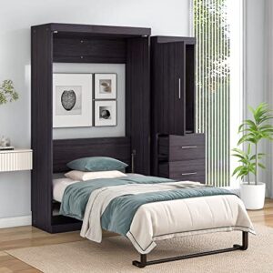 pqxm multifunctional full size murphy bed with wardrobe and 3 drawers, solid wood storage bed folds into a cabinet, great for small space apartments studio guest rooms