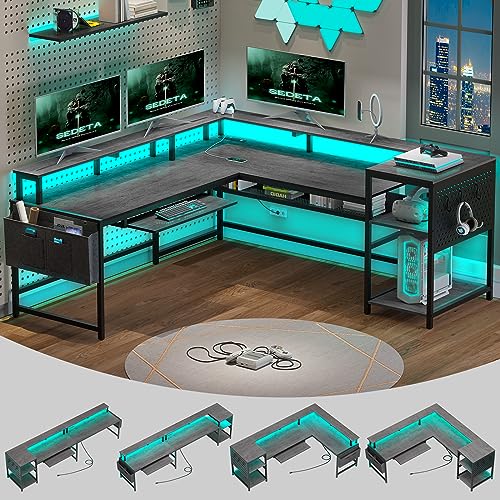 SEDETA L Shaped Gaming Desk, Home Office Desk or Corner Desk, L Shaped Desk with Power Outlets & LED Strip, Monitor Stand, Keyboard Tray, Pegboard and Storage Shelves, Grey