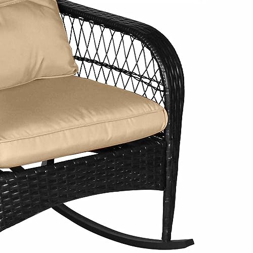 Outdoor Wicker Rocking Chair Rocker Chair with Cushions for Backyard (Khaki Cushion)