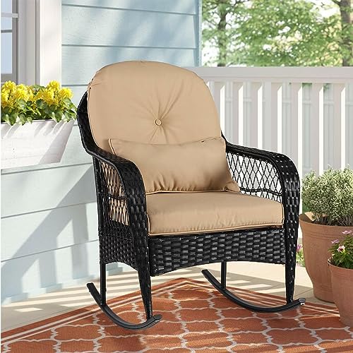 Outdoor Wicker Rocking Chair Rocker Chair with Cushions for Backyard (Khaki Cushion)