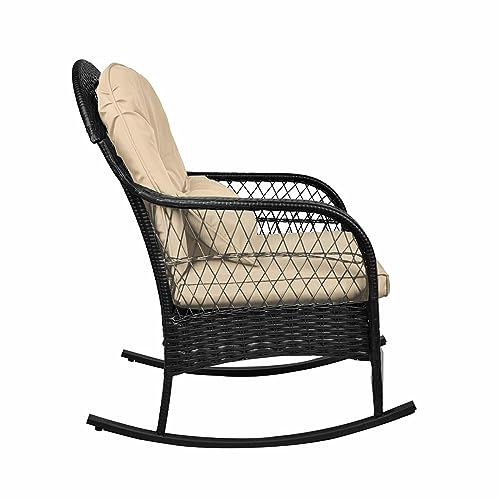 Outdoor Wicker Rocking Chair Rocker Chair with Cushions for Backyard (Khaki Cushion)