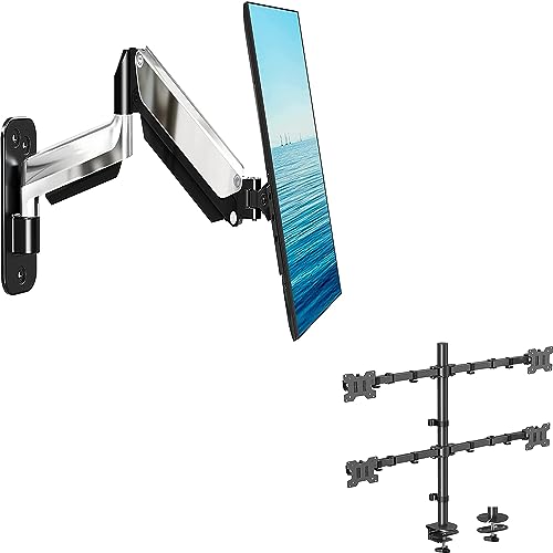 MOUNTUP Quad Monitor Stand, 4 Monitor Desk Mount for 13 to 32 inch Computer Screens + MOUNTUP Monitor Wall Mount