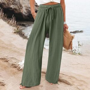 Linen Pants for Women Summer High Waisted Wide Leg Pants Casual Elastic Waist Palazzo Pants Boho Beach Pants with Pockets Drawstring Long Lounge Pant Comfy Loose Trousers Dressy Flowy Hiking Pants