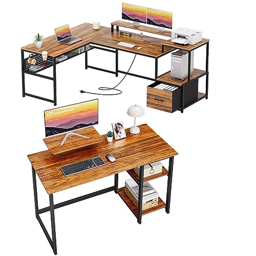 GreenForest 39 inch Walnut Computer Desk with Monitor Stand and Reversible Storage Shelves and 69 inch L Shaped Desk with Drawers and with Power Outlet