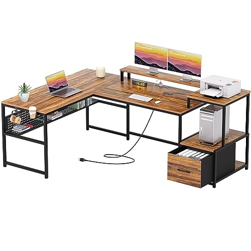 GreenForest 39 inch Walnut Computer Desk with Monitor Stand and Reversible Storage Shelves and 69 inch L Shaped Desk with Drawers and with Power Outlet