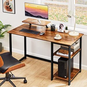 GreenForest 39 inch Walnut Computer Desk with Monitor Stand and Reversible Storage Shelves and 69 inch L Shaped Desk with Drawers and with Power Outlet