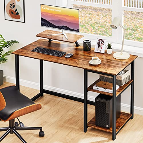 GreenForest 39 inch Walnut Computer Desk with Monitor Stand and Reversible Storage Shelves and 69 inch L Shaped Desk with Drawers and with Power Outlet