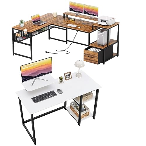 GreenForest 39 inch White Computer Desk with Monitor Stand and Reversible Storage Shelves and 69 inch L Shaped Desk with Drawers and with Power Outlet