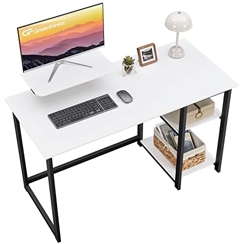 GreenForest 39 inch White Computer Desk with Monitor Stand and Reversible Storage Shelves and 69 inch L Shaped Desk with Drawers and with Power Outlet