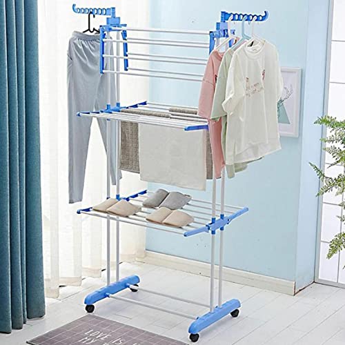 Fairnull [US Warehouse] Clothes Drying Rack, 4-Tier Oversize Clothes Drying Rack Collapsible, Stainless Steel Laundry Garment Dryer Stand Free-Standing Laundry Stand for Towels, Clothes, Shoes (Blue)