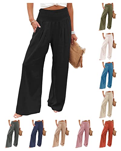 ERTUPE Women's Linen Palazzo Pants Boho Wide Leg High Waist Lounge Pant Elastic Casual Loose Solid Trousers with Pockets A-Black