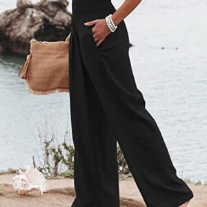 ERTUPE Women's Linen Palazzo Pants Boho Wide Leg High Waist Lounge Pant Elastic Casual Loose Solid Trousers with Pockets A-Black