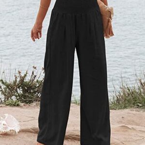 ERTUPE Women's Linen Palazzo Pants Boho Wide Leg High Waist Lounge Pant Elastic Casual Loose Solid Trousers with Pockets A-Black