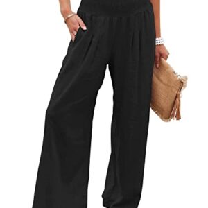 ERTUPE Women's Linen Palazzo Pants Boho Wide Leg High Waist Lounge Pant Elastic Casual Loose Solid Trousers with Pockets A-Black