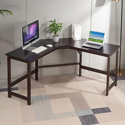 MARCTEL Premium L-Shaped Sturdy Solid Pine Wood Computer Desk, 55-Inch Plus Large Gaming Table, Home Office Writing Workstation, Espresso