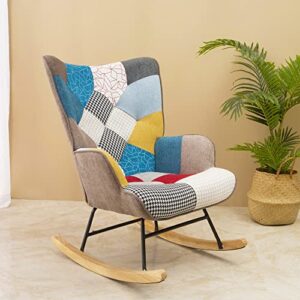 AISEER Rocking Chair, Mid Century Fabric Rocker Chair with Wood Legs and Patchwork Linen for Livingroom Bedroom