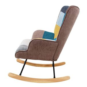 AISEER Rocking Chair, Mid Century Fabric Rocker Chair with Wood Legs and Patchwork Linen for Livingroom Bedroom