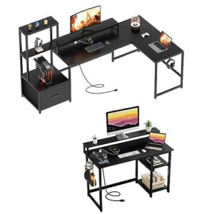 greenforest 70 in l shaped desk with drawers and printer stand and 47 in computer desk with usb charging port and power outlet