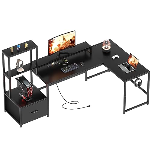 GreenForest 70 in L Shaped Desk with Drawers and Printer Stand and 47 in Computer Desk with USB Charging Port and Power Outlet