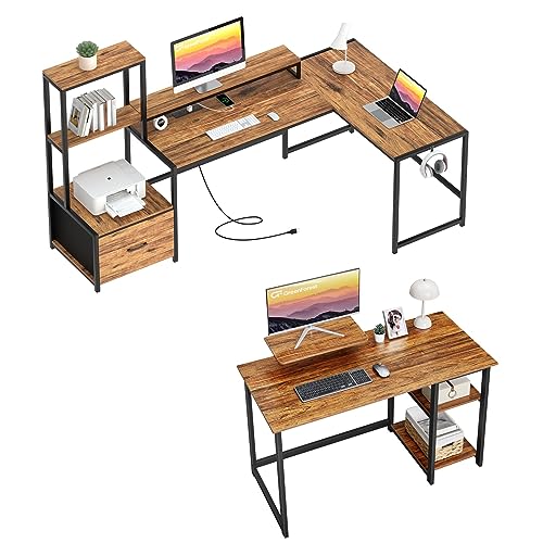 GreenForest 70 in L Shaped Desk with Drawers and Printer Stand and 47 in Computer Home Office Desk with Monitor Stand and Storage Shelves