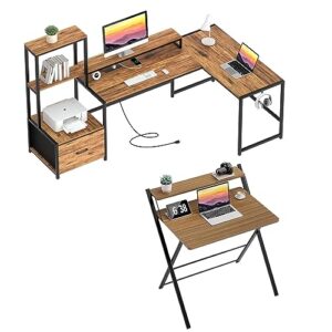 greenforest 70 in l shaped desk with drawers and printer stand and small folding desk no assembly required