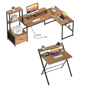 GreenForest 70 in L Shaped Desk with Drawers and Printer Stand and Small Folding Desk No Assembly Required