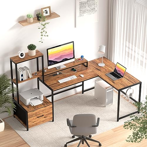 GreenForest 70 in L Shaped Desk with Drawers and Printer Stand and Small Folding Desk No Assembly Required