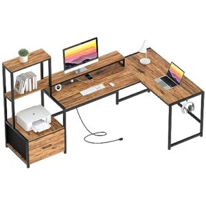 GreenForest 70 in L Shaped Desk with Drawers and Printer Stand and Small Folding Desk No Assembly Required