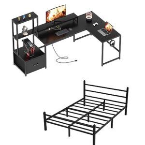 greenforest 70 in l shaped desk with drawers and printer stand and full size bed frame with headboard easy assemble