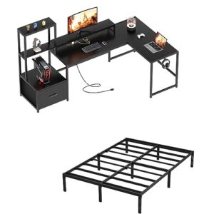 greenforest 70 inch l shaped desk with drawers and printer stand and full size bed frame easy quick assembly