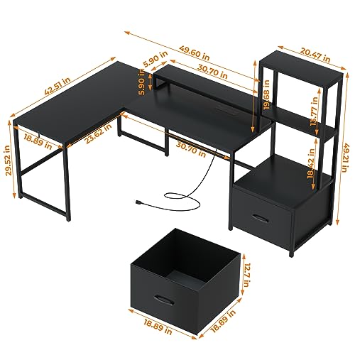 GreenForest 70 inch L Shaped Desk with Drawers and Printer Stand and Full Size Bed Frame Easy Quick Assembly