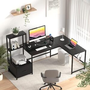 GreenForest 70 inch L Shaped Desk with Drawers and Printer Stand and Full Size Bed Frame Easy Quick Assembly