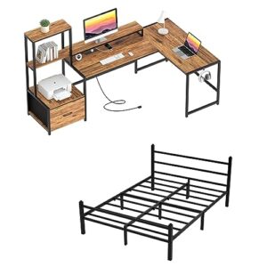greenforest 70 in l shaped desk with drawers and printer stand and full size bed frame with headboard easy assemble