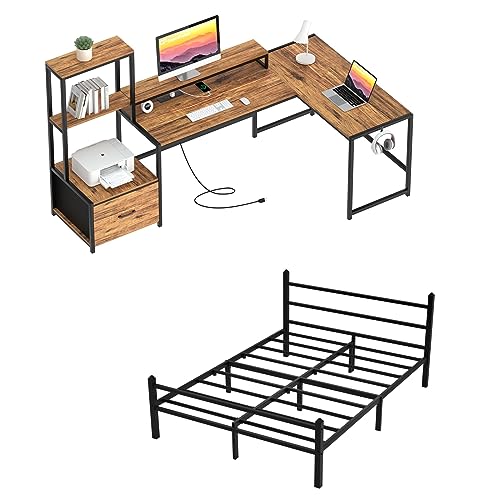 GreenForest 70 in L Shaped Desk with Drawers and Printer Stand and Full Size Bed Frame with Headboard Easy Assemble