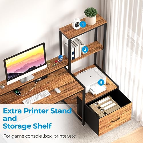 GreenForest 70 in L Shaped Desk with Drawers and Printer Stand and Full Size Bed Frame with Headboard Easy Assemble