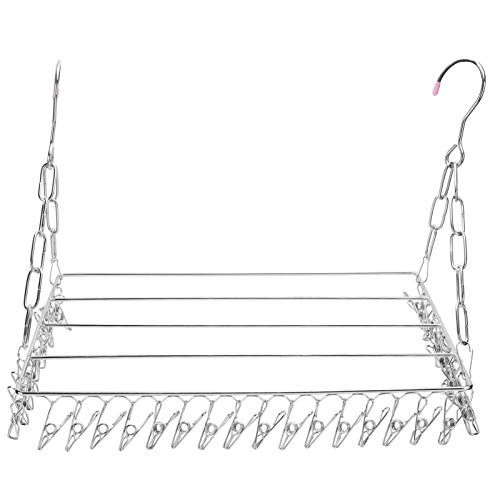 lesiega Clothes Drying Rack, Stainless Steel Sock Drying Rack with 36 Clips, Hanging Metal Heavy Duty Clothes Hanger Ideal for Drying Towels Socks Bras Clothes Underwear