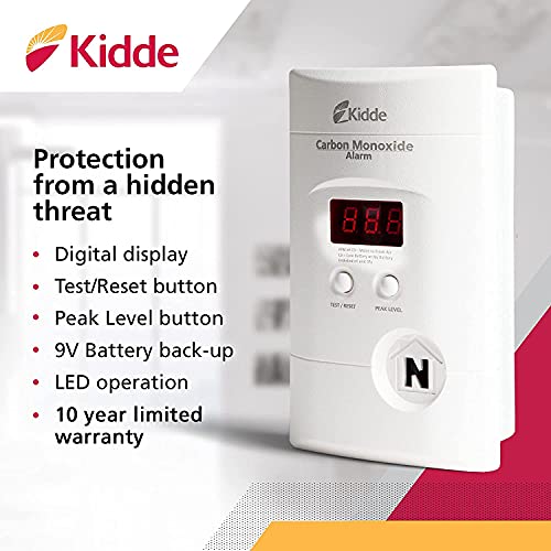 Kidde Carbon Monoxide Detector, Plug In Wall with 9-Volt Battery Backup, Digital LED Display