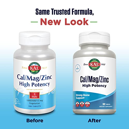 KAL Cal/Mag/Zinc | 1000mg Calcium, 400mg Magnesium & 15mg Zinc | Bone, Muscle, Heart & Immune Support | 100ct, 33 Serv