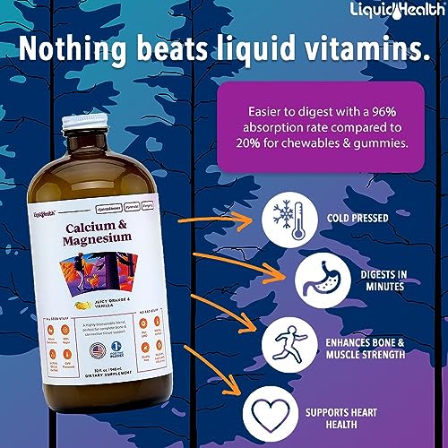 LIQUIDHEALTH 32 Fl Oz Calcium and Magnesium Liquid Supplement Joint and Bones Tissue Support, Citrate Vegetarian Natural Non GMO, Vitamin D3