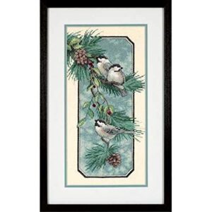 dimensions 'chickadees on branch' stamped cross stitch kit, 8'' w x 16'' h, green