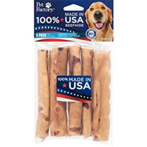 Pet Factory 100% Made in USA Beefhide 5" Chip Rolls Dog Chew Treats - Chicken Flavor, 5 Count/1 Pack