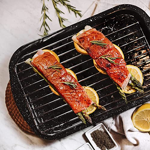 Granite Ware 3 Piece Multiuse Set (Speckled Black) Enamelware Bake, Broiler Pan and Grill - With Rack Suitable for Oven, direct on Fire.