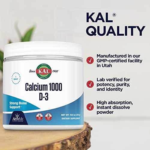 KAL Calcium Vitamin D-3 ActivMix, Powder Calcium Supplement, Bioavailable Calcium Lactate and Gluconate, Bone Health Support, Unflavored, Non-GMO, Gluten Free, 60-Day Guarantee, 31 Servings, 10.9 oz